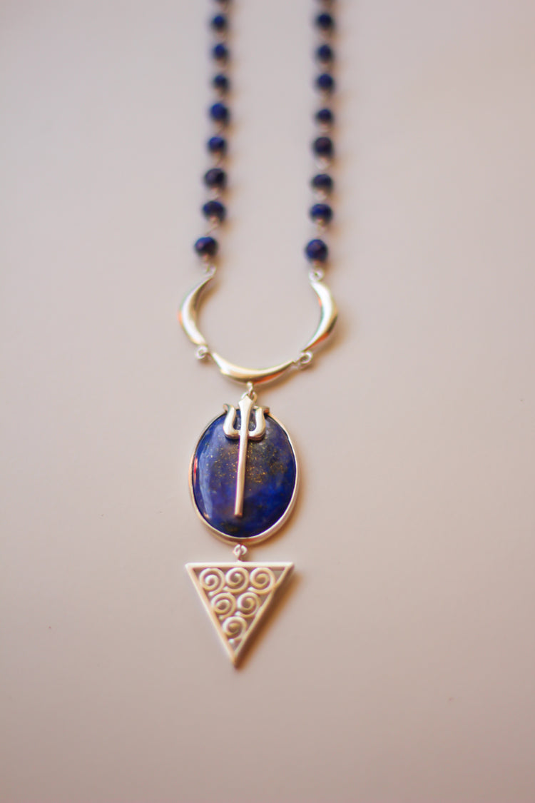 Lapis Lazuli Moon & Trishul Necklace
