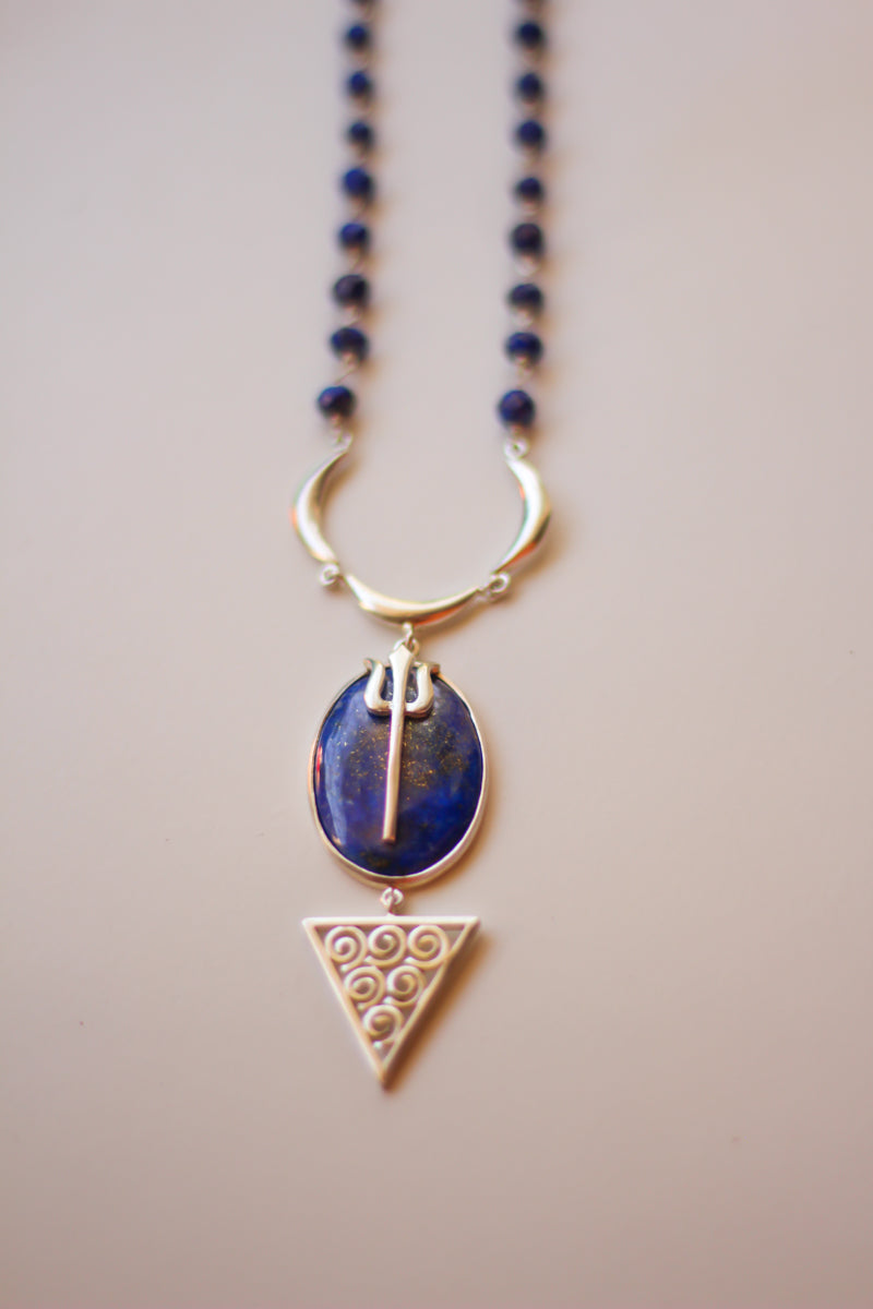Lapis Lazuli Moon & Trishul Necklace