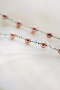 Light Pink Pearl String With Blue Beads