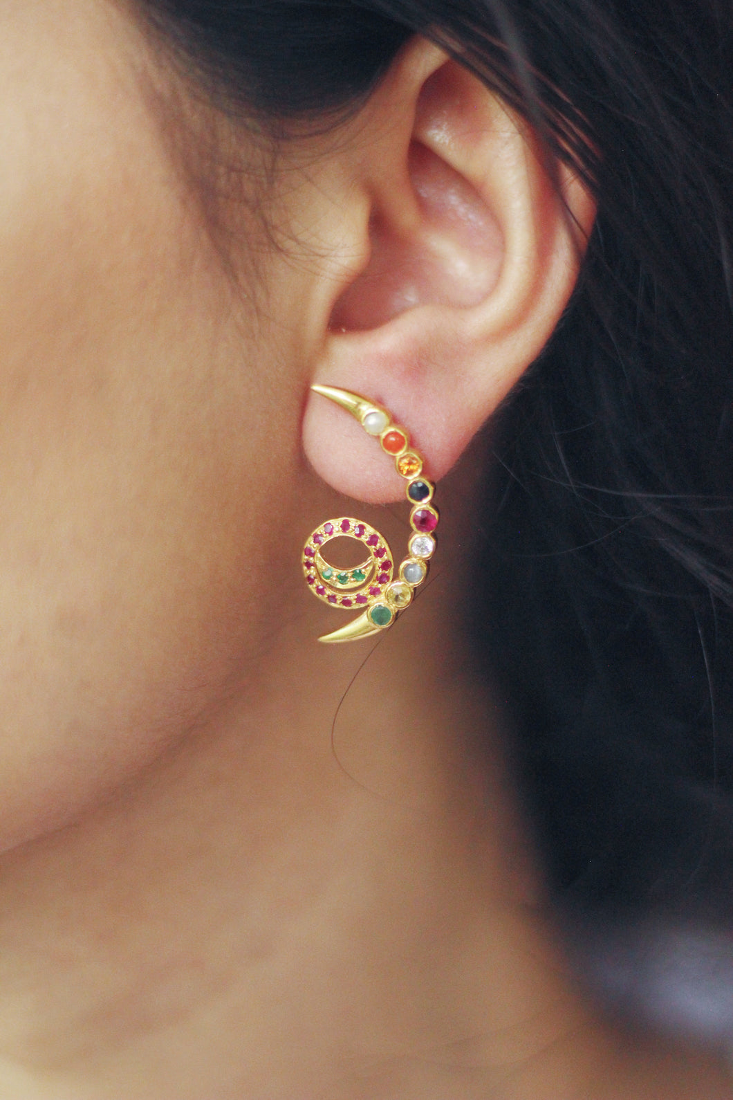 Navaratna Crescent Stud With Connected Moon