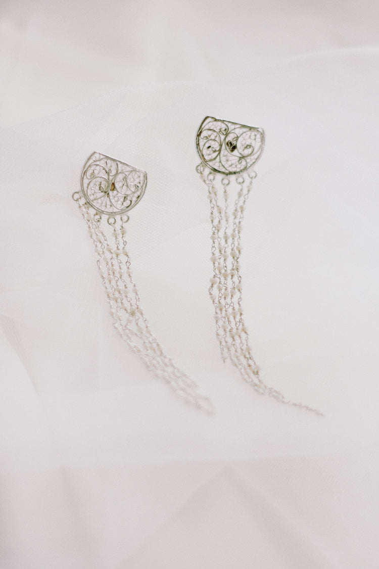 Quarter Moon Filigree Stud With Rice Pearls