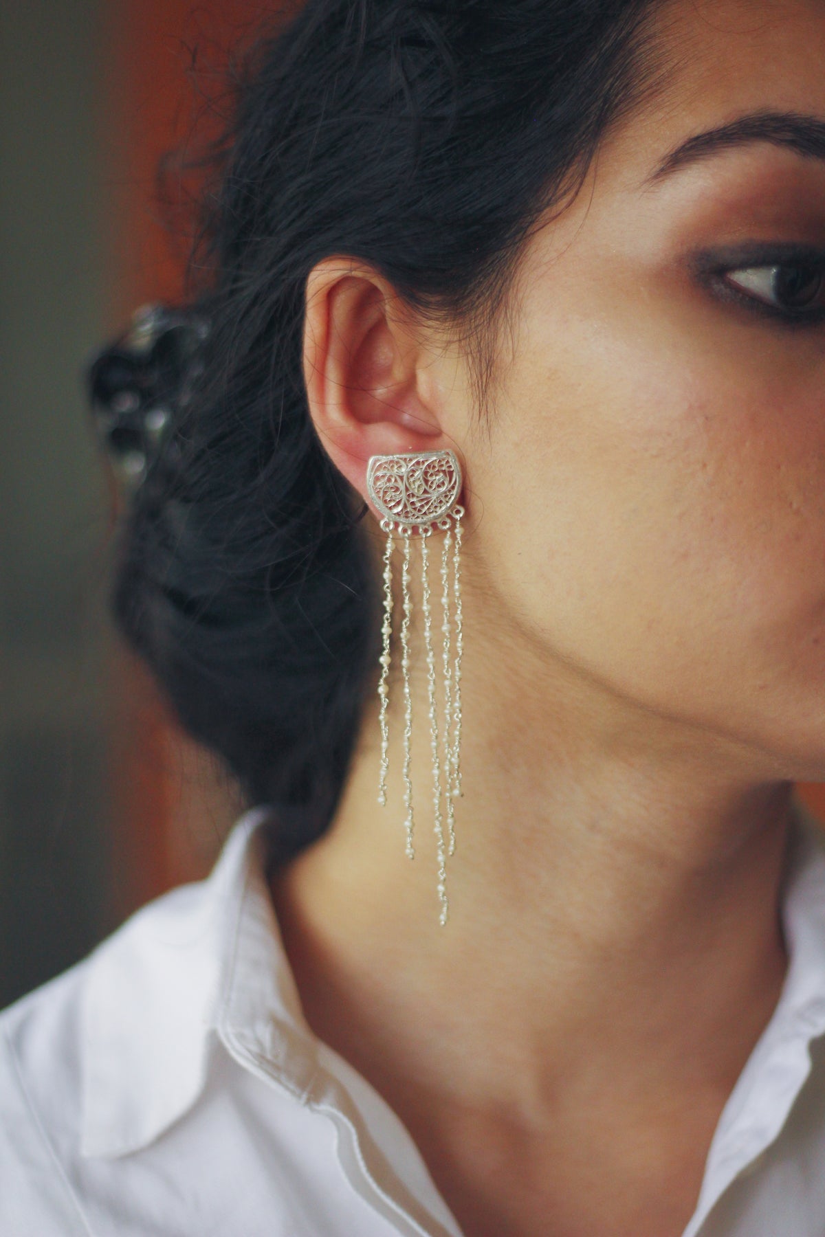 Quarter Moon Filigree Stud With Rice Pearls