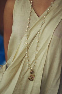 White Pearl String With Bikaner Beads Om Pendant