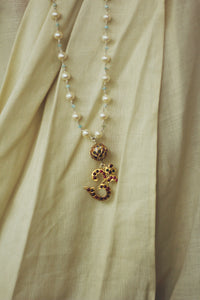 White Pearl String With Bikaner Beads Om Pendant