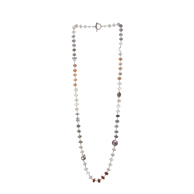 Trishul Om Spiral Devi Necklace In Rubies And Rainbow Moonstone